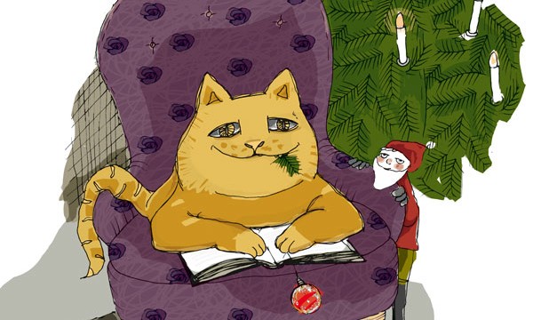 Julkatt, illustration till julnumret av Dalslands Litteraturförenings medlemsmagasin Korpgluggen